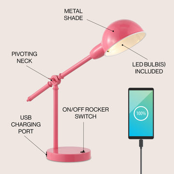 Curtis 20.25" Vintage Industrial Iron Adjustable Dome Shade LED Task Lamp with USB Charging Port